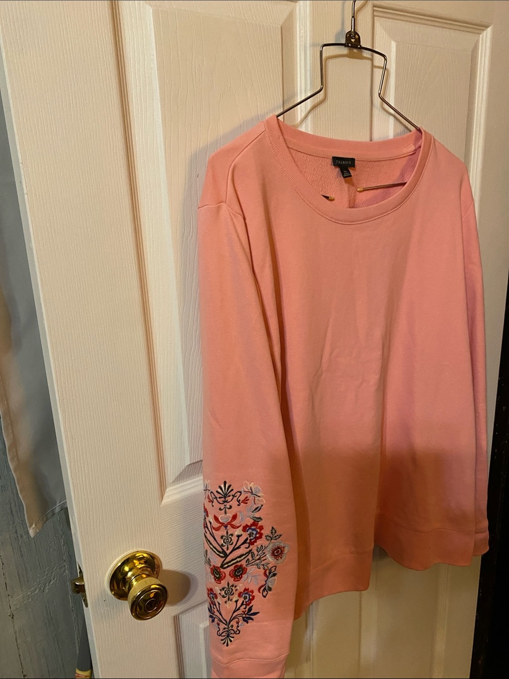 Talbots Pink Crewneck Sweatshirt with Embroidered Sleeve